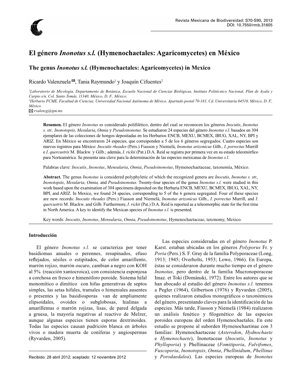 El Género Inonotus Sl (Hymenochaetales: Agaricomycetes)