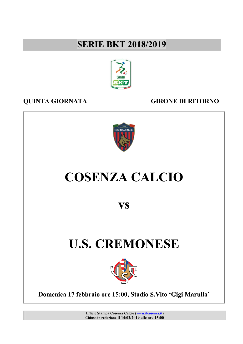 COSENZA CALCIO Vs U.S. CREMONESE