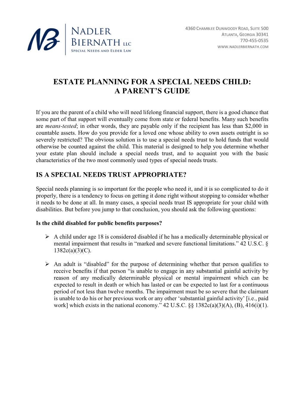 Estate Planning for a Special Needs Child: a Parent’S Guide