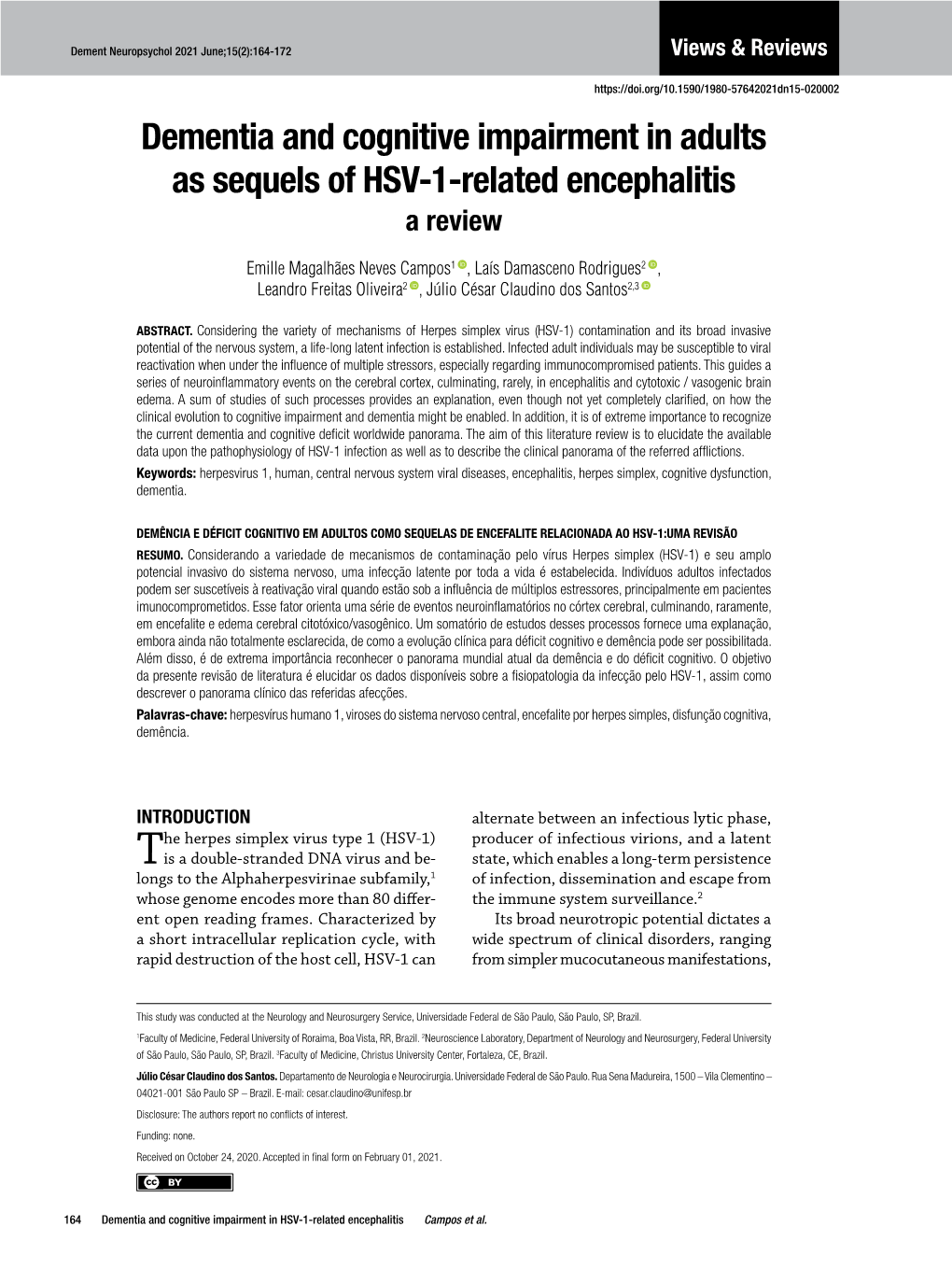 Dementia and Cognitive Impairment in Adults As Sequels of HSV-1-Related Encephalitis a Review