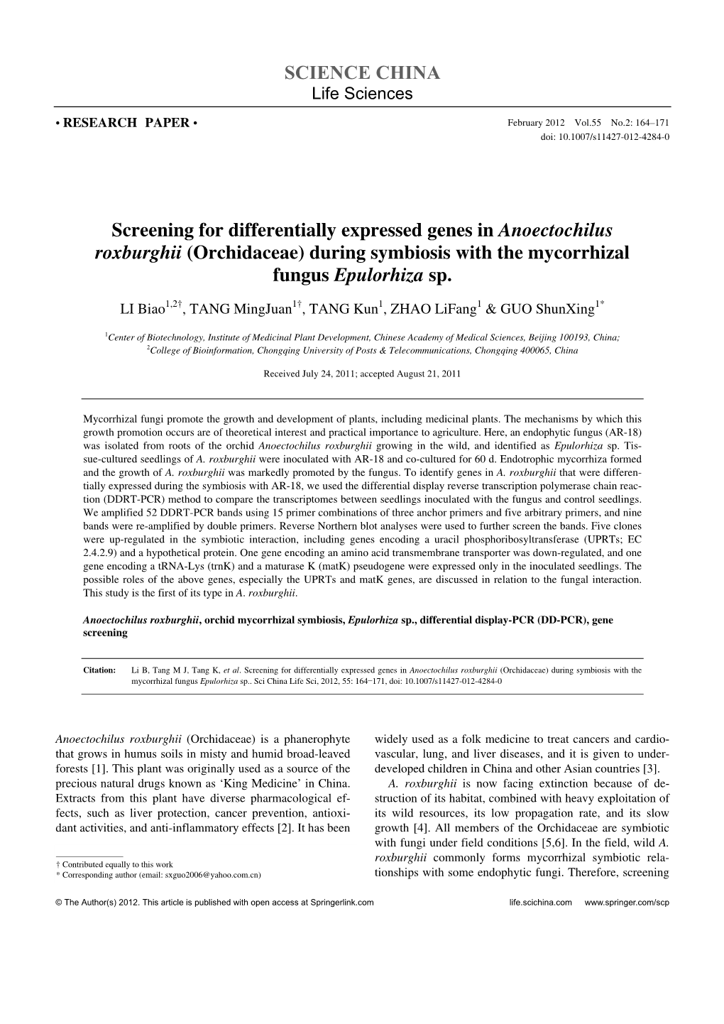 Screening for Differentially Expressed Genes in Anoectochilus Roxburghii (Orchidaceae) During Symbiosis with the Mycorrhizal Fungus Epulorhiza Sp