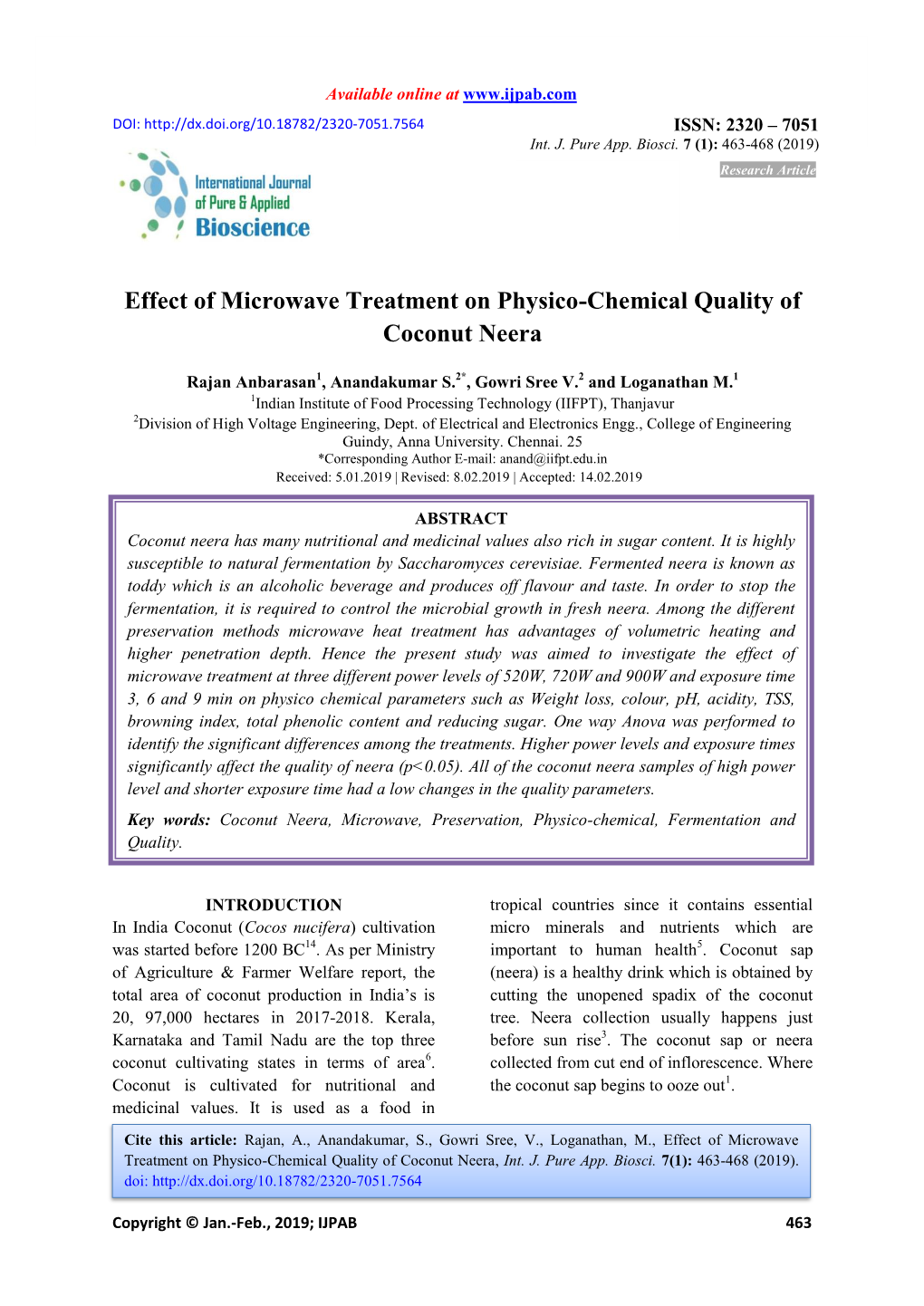 Effect of Microwave Treatment on Physico-Chemical Quality of Coconut Neera