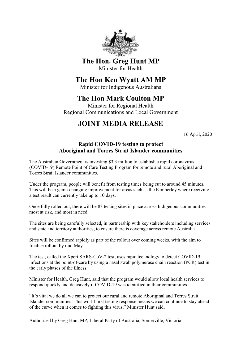 The Hon. Greg Hunt MP the Hon Ken Wyatt AM MP the Hon Mark