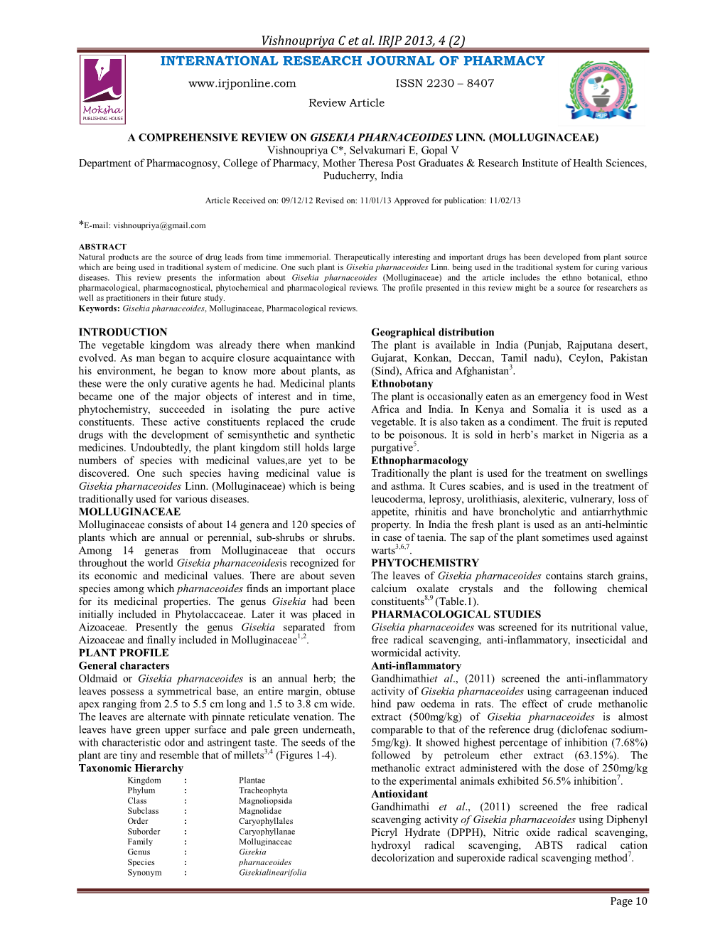 A Comprehensive Review on Gisekia Pharnaceoides Linn