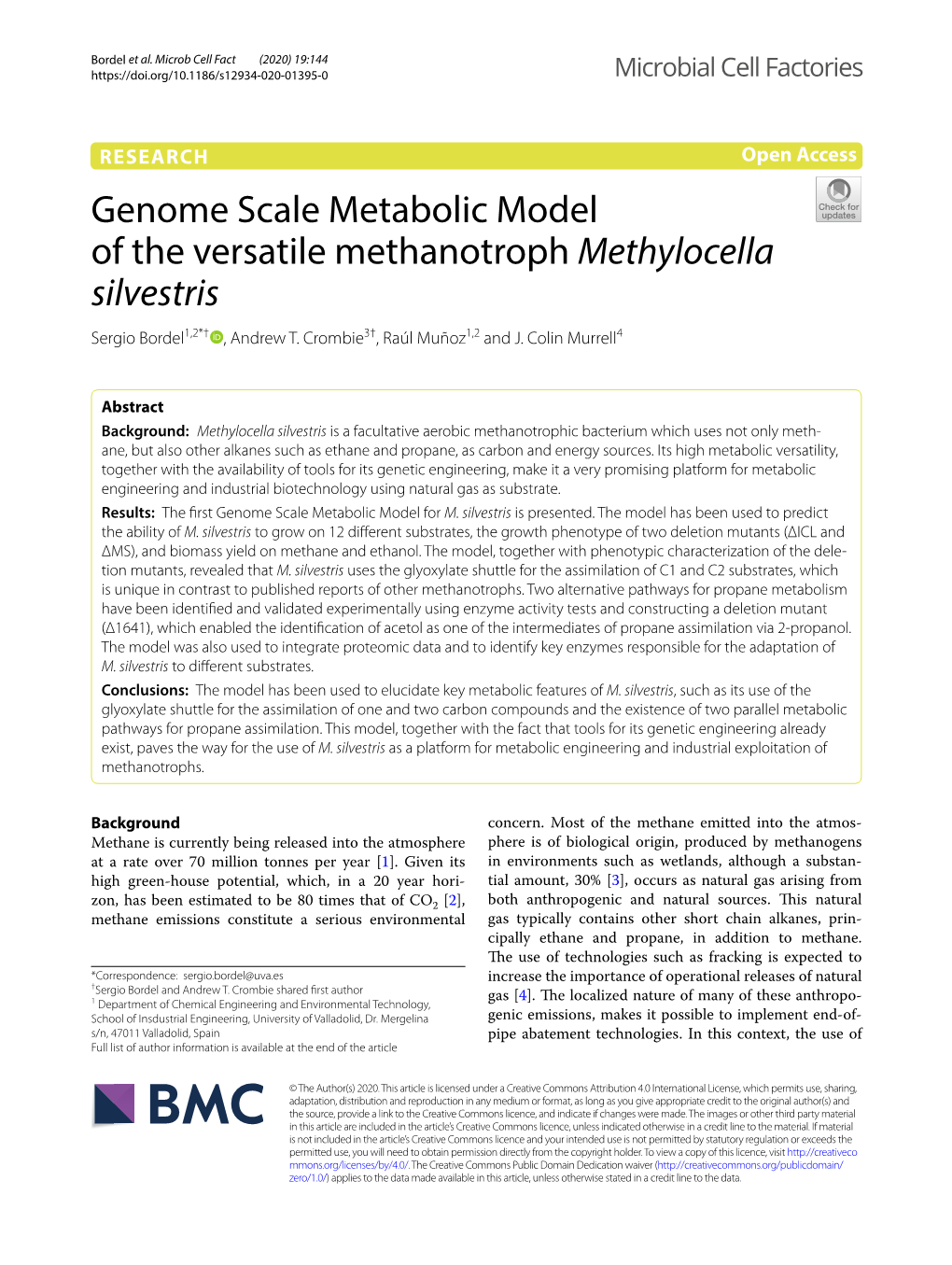 Genome Scale Metabolic Model of the Versatile Methanotroph Methylocella Silvestris Sergio Bordel1,2*† , Andrew T