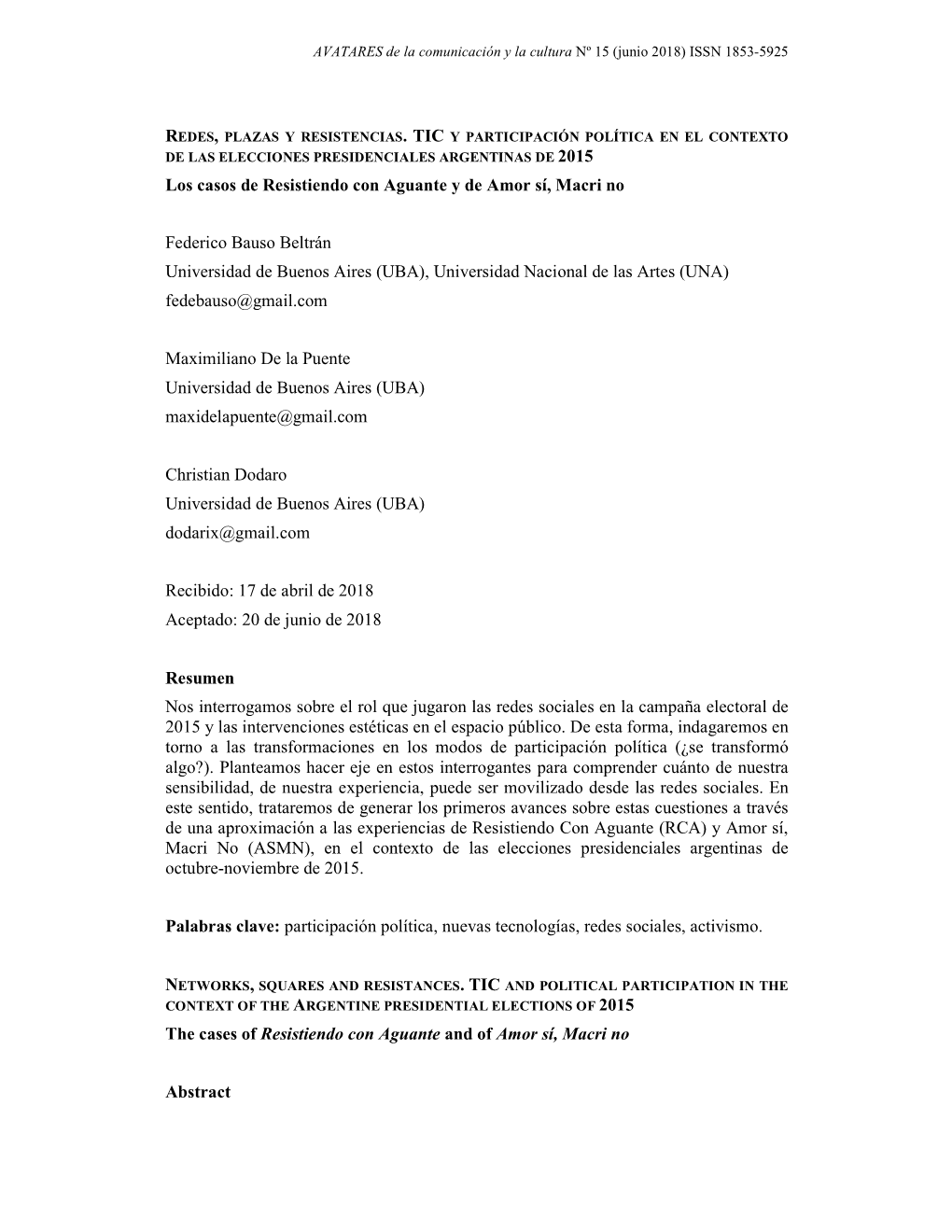 AVATARES De La Comunicación Y La Cultura Nº 15 (Junio 2018) ISSN 1853-5925