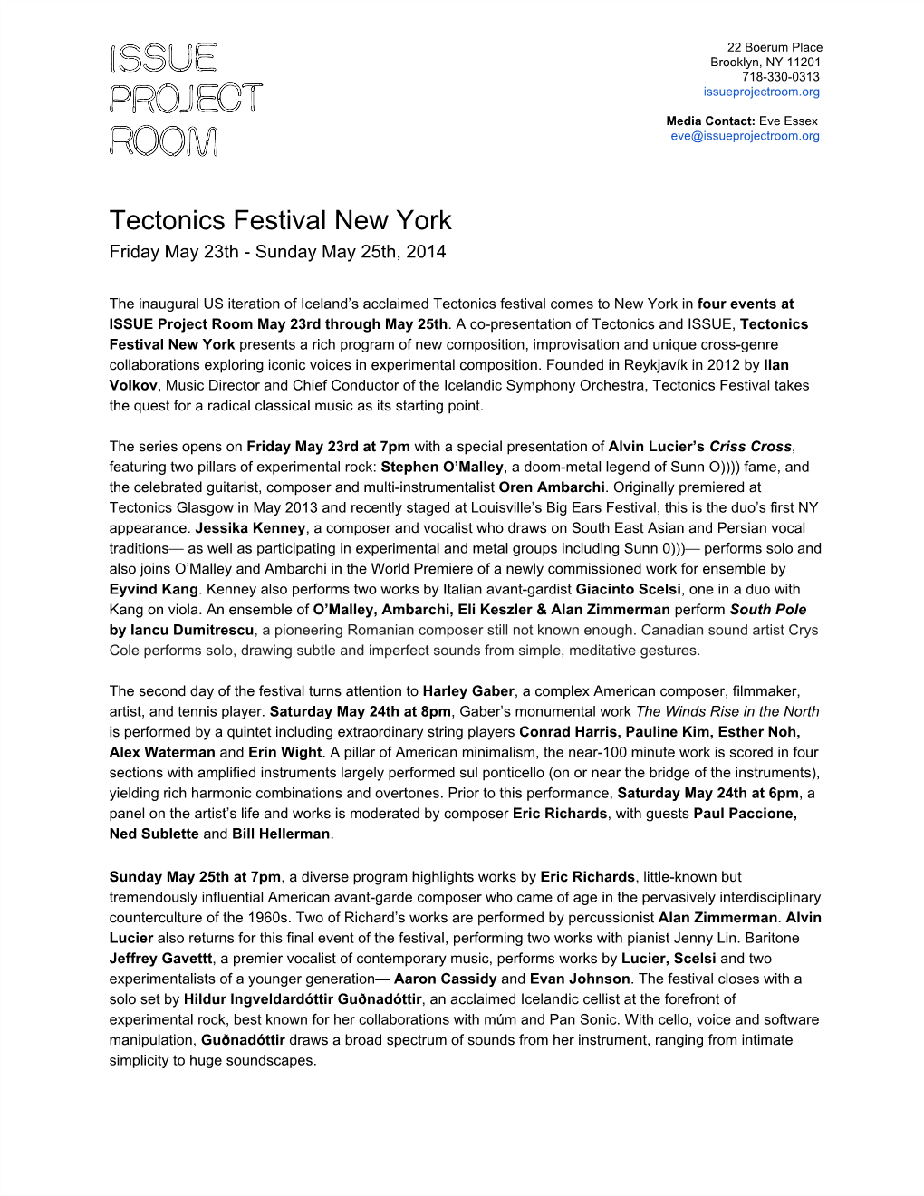 Tectonics Festival New York Friday May 23Th ­ Sunday May 25Th, 2014