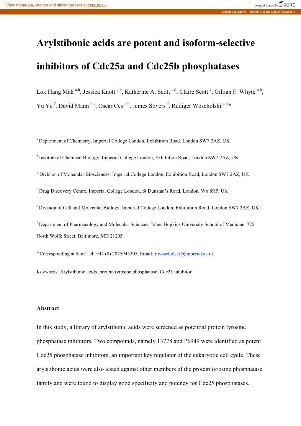 Arylstibonic Acids Are Potent and Isoform-Selective Inhibitors Of