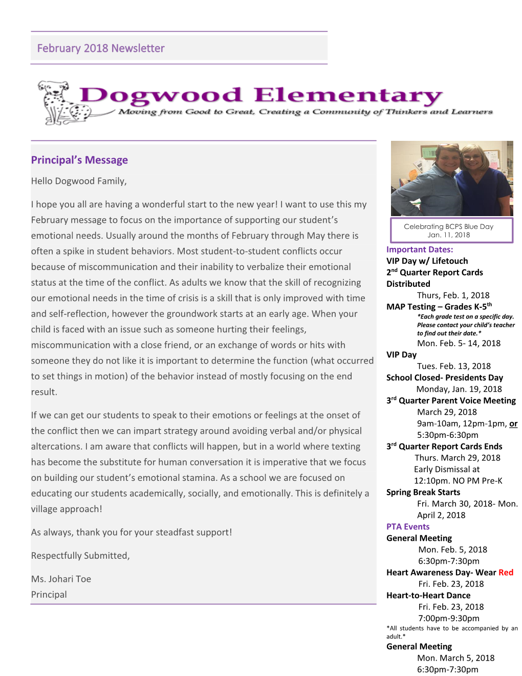 February 2018 Newsletter Principal's Message