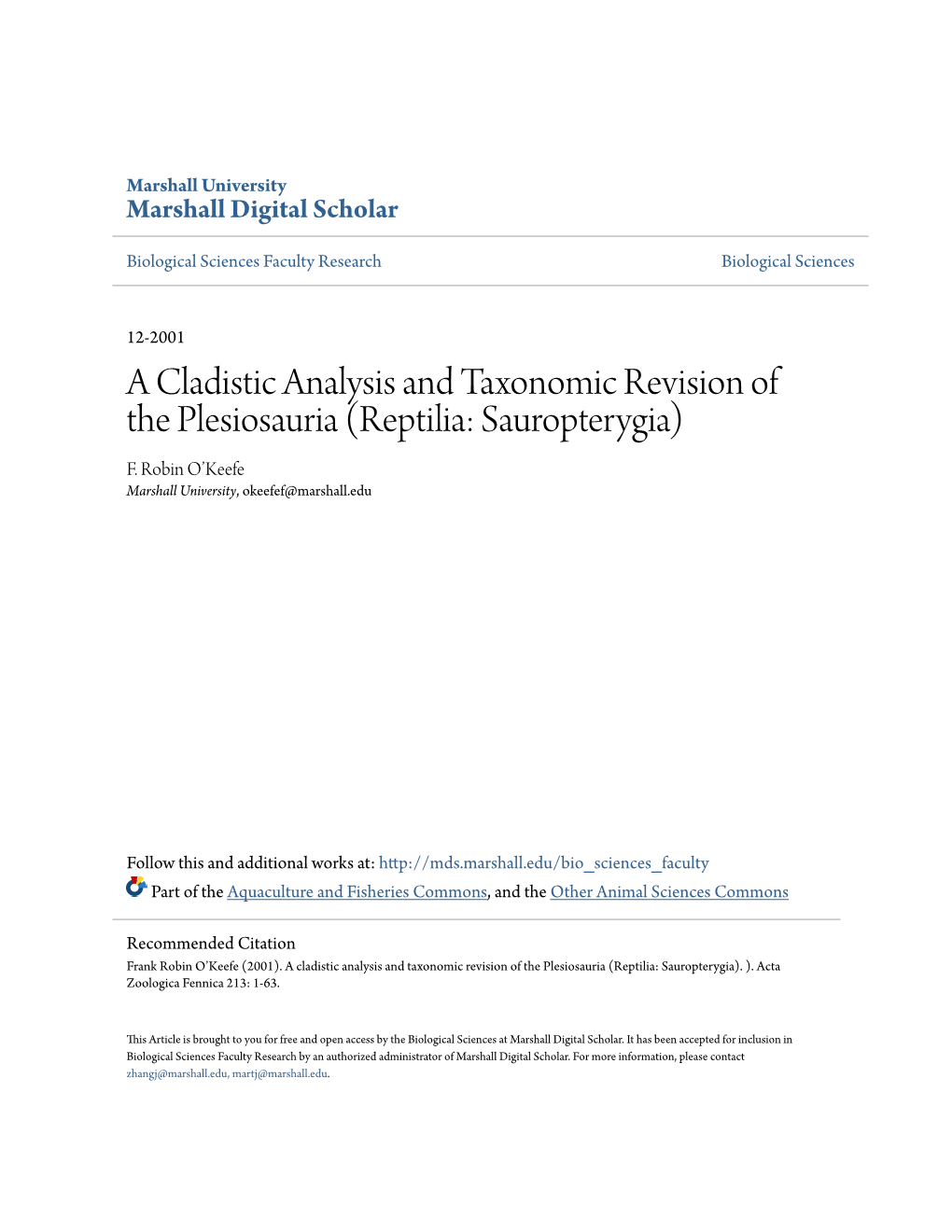 A Cladistic Analysis and Taxonomic Revision of the Plesiosauria (Reptilia: Sauropterygia) F