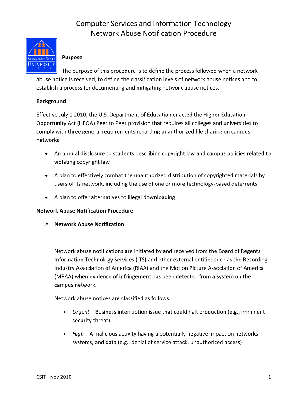 Network Abuse Notification Procedure