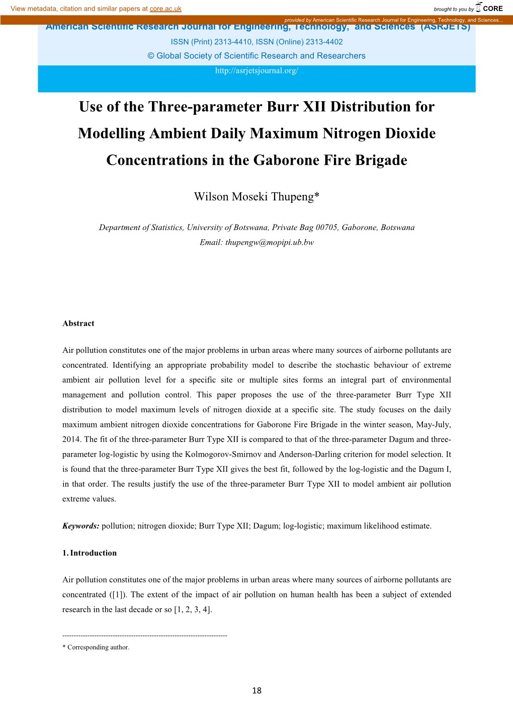 Use of the Three-Parameter Burr XII Distribution for Modelling Ambient Daily Maximum Nitrogen Dioxide Concentrations in the Gaborone Fire Brigade