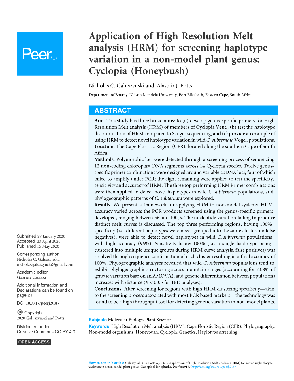 Application of High Resolution Melt Analysis (HRM) for Screening Haplotype Variation in a Non-Model Plant Genus: Cyclopia (Honeybush)