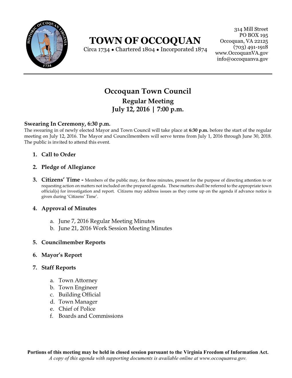 TOWN of OCCOQUAN TOWN COUNCIL MEETING Agenda Communication