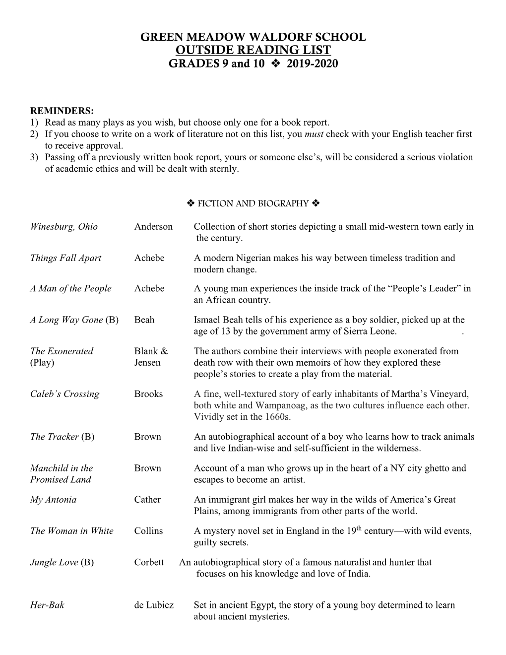 Green Meadow Waldorf School Outside Reading List 1996-1997