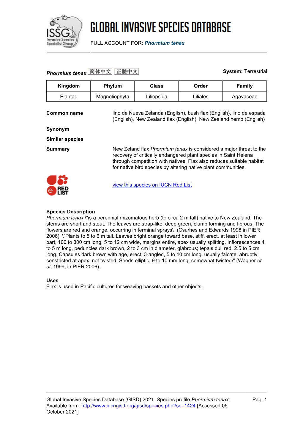 Phormium Tenax Global Invasive Species Database (GISD)