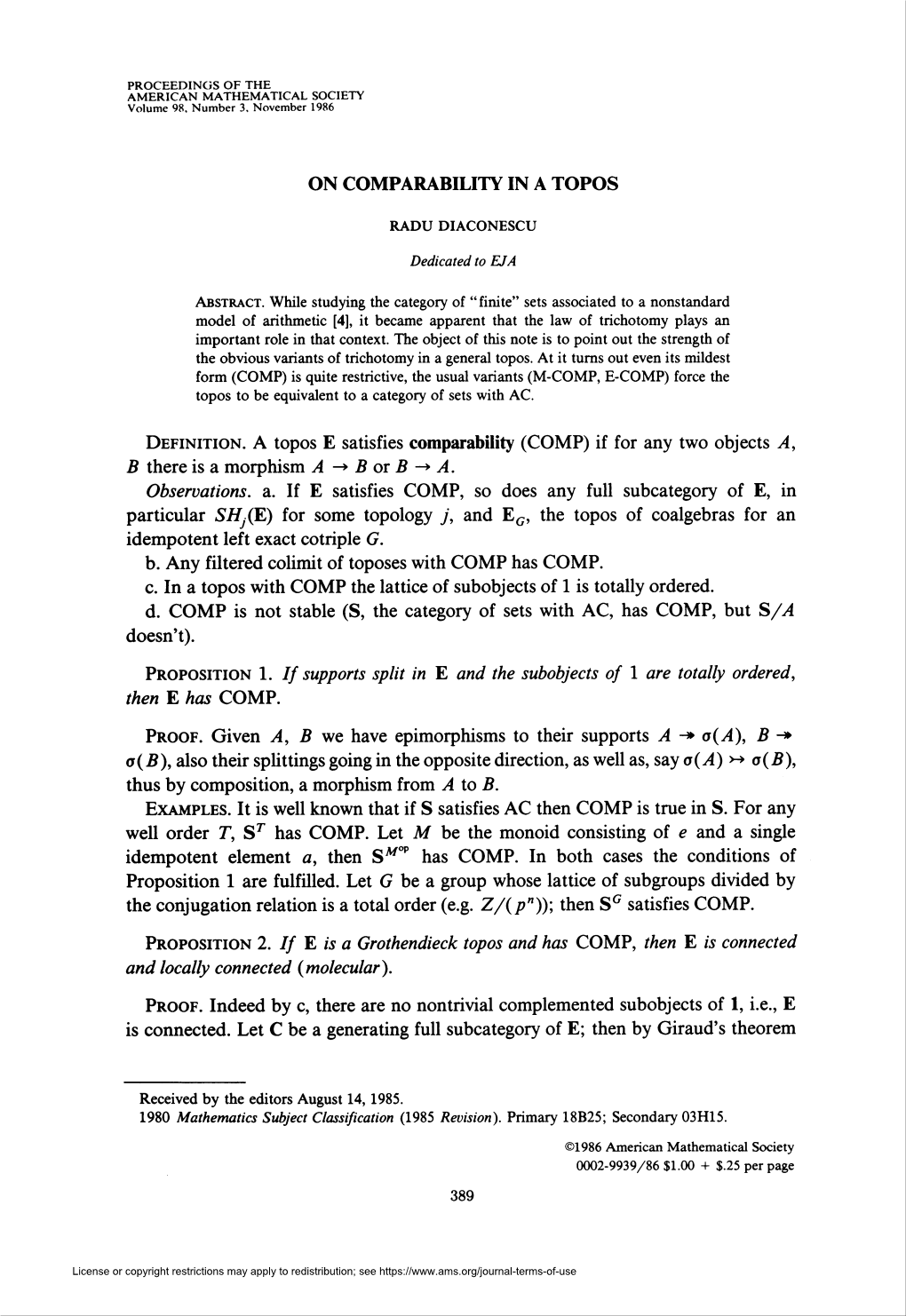 ON COMPARABILITY in a TOPOS Then E Has COMP