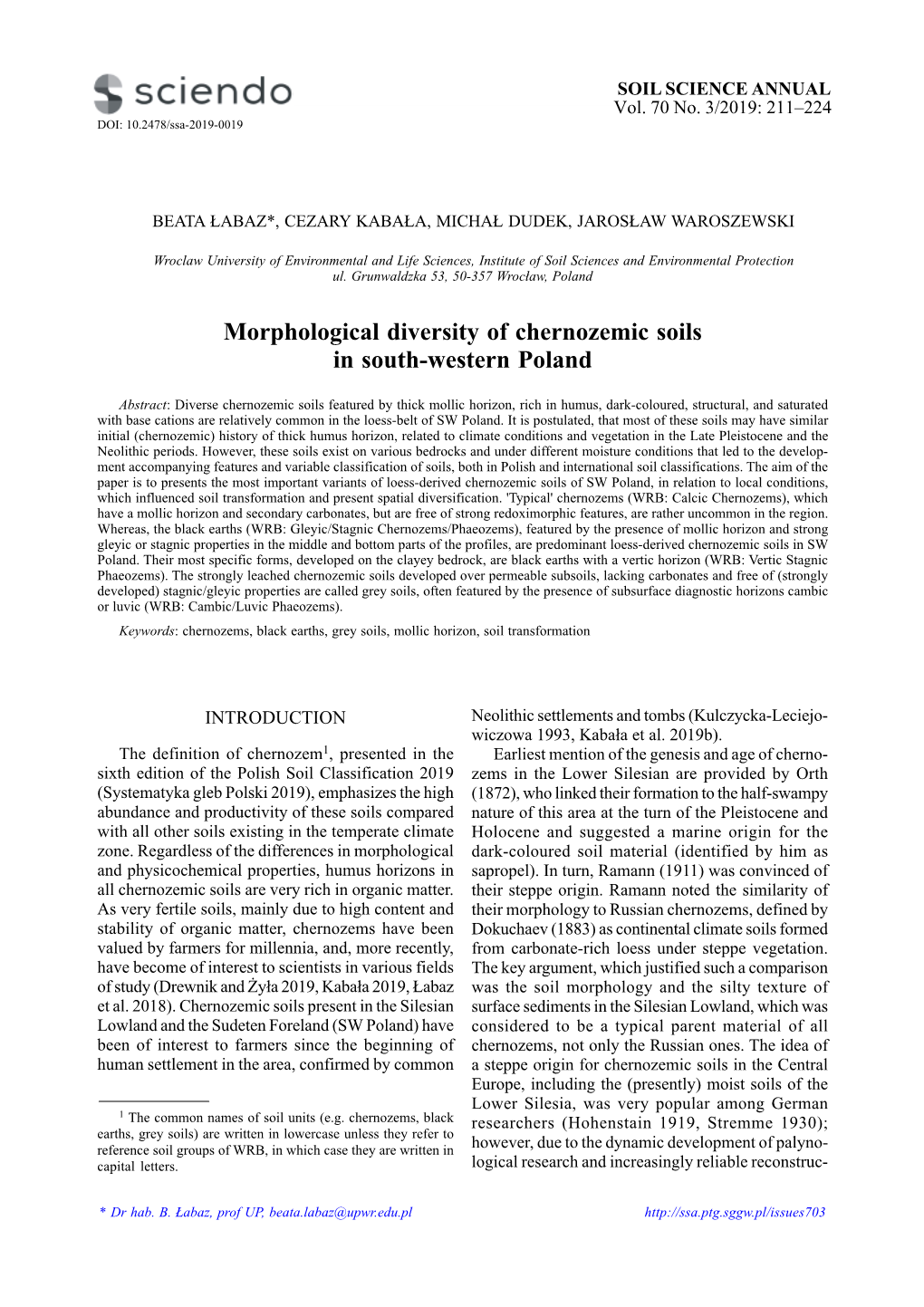 Morphological Diversity of Chernozemic Soils in South-Western Polandsoil SCIENCE ANNUAL211 Vol
