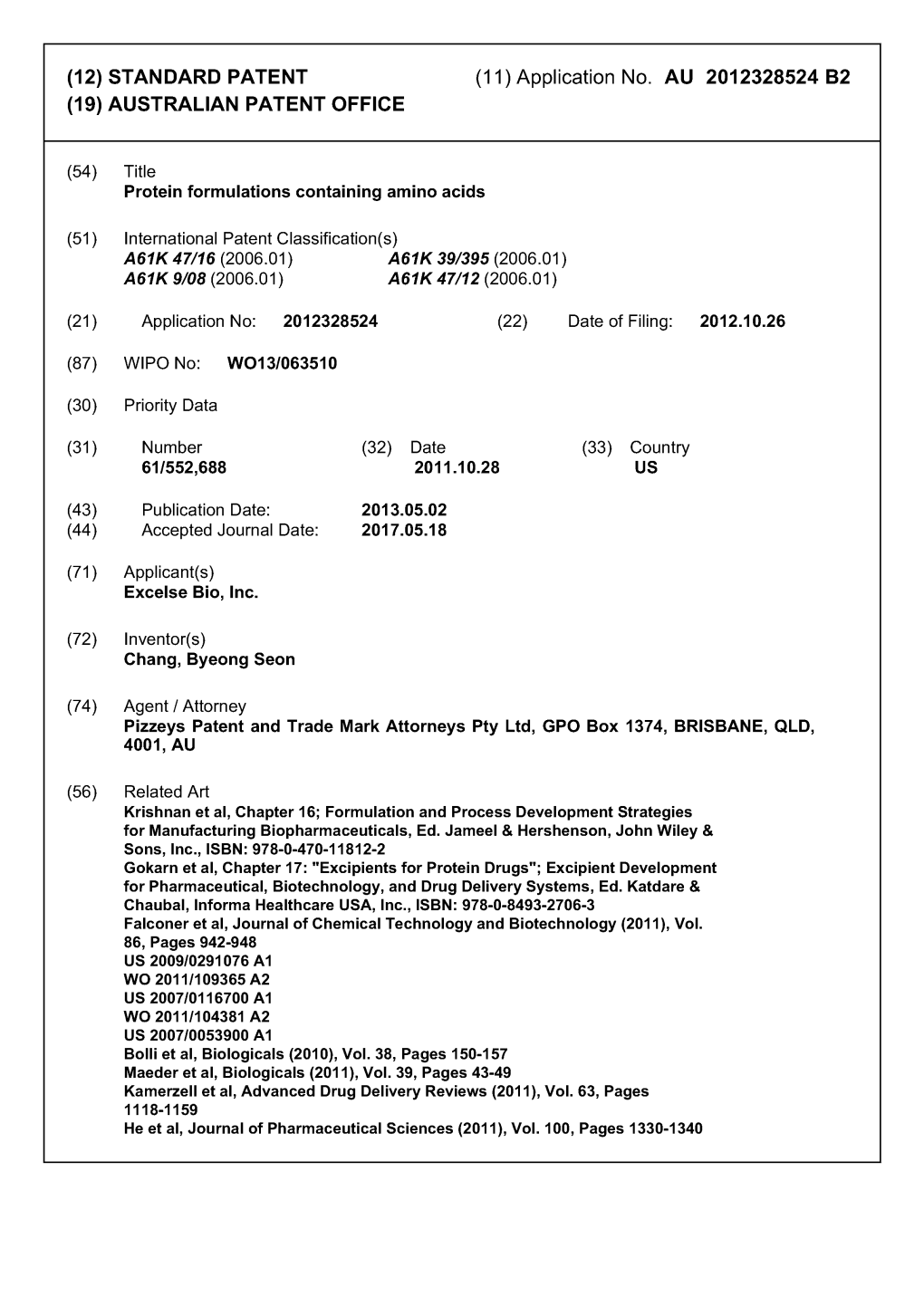 (12) STANDARD PATENT (11) Application No. AU 2012328524 B2 (19) AUSTRALIAN PATENT OFFICE