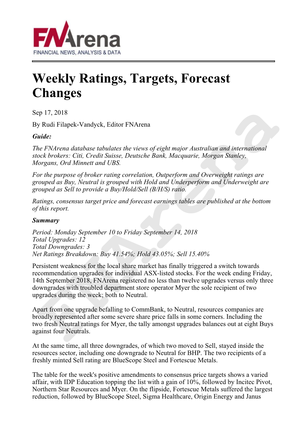 Weekly Ratings, Targets, Forecast Changes