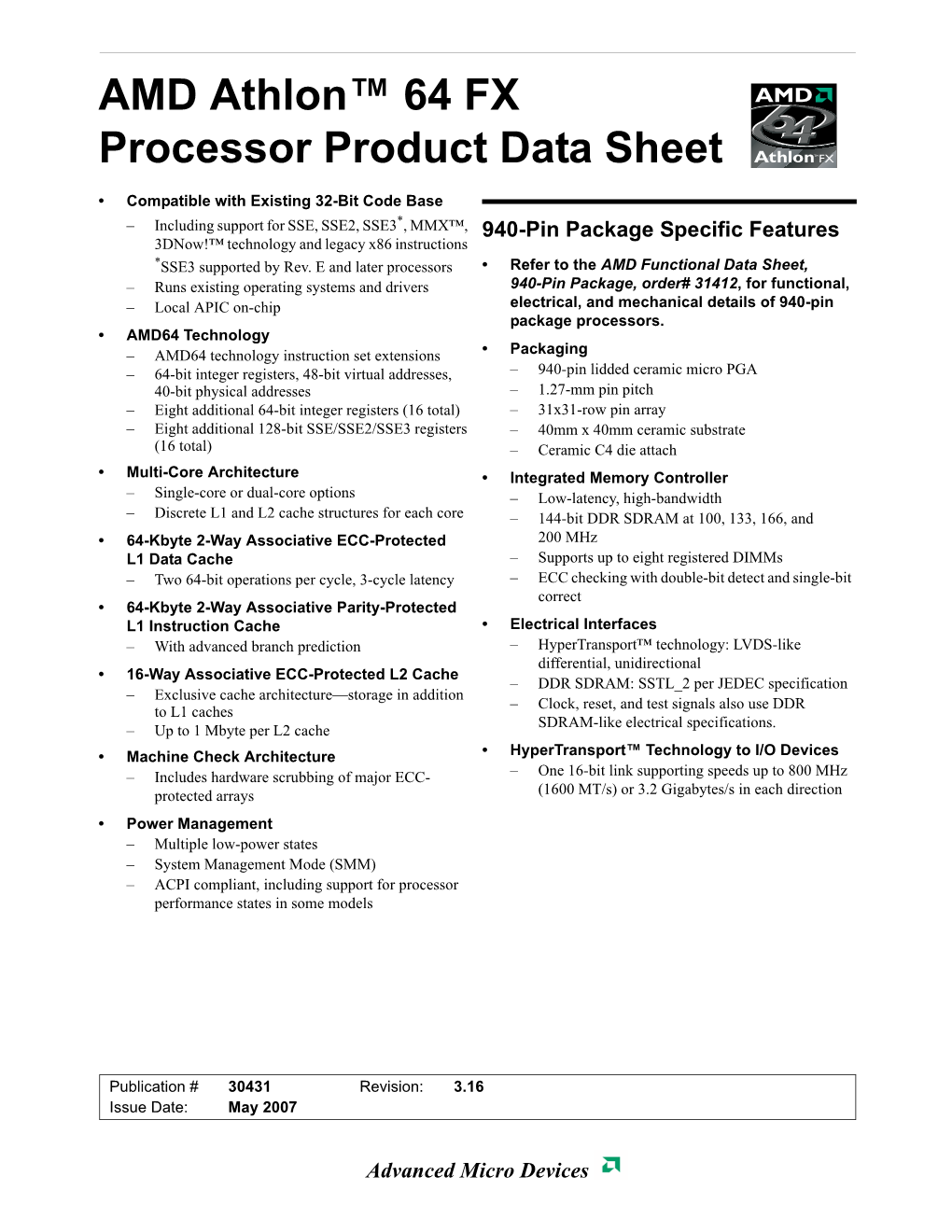 AMD Athlon 64 FX Processor Product Data Sheet