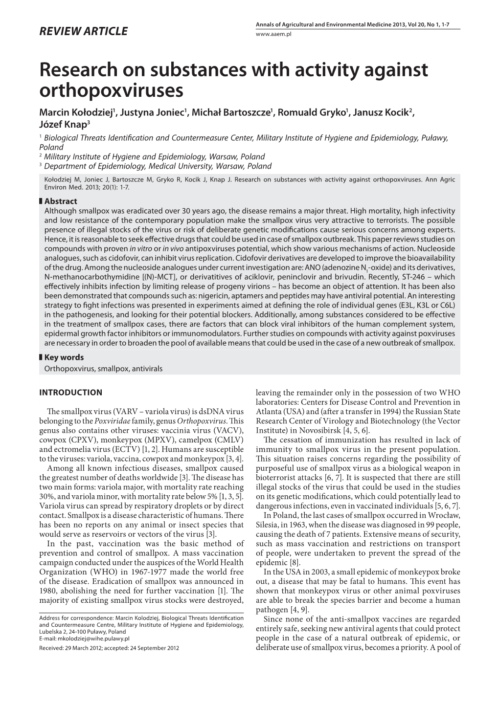 Research on Substances with Activity Against Orthopoxviruses