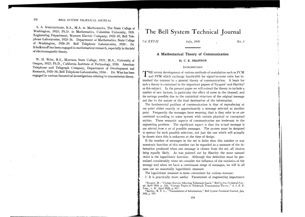 The Bell System Technical Journal Engineering Department, West~Rn Electric Company, 1923-25; Bell Tele­ Phone Laboratories, 1925-26