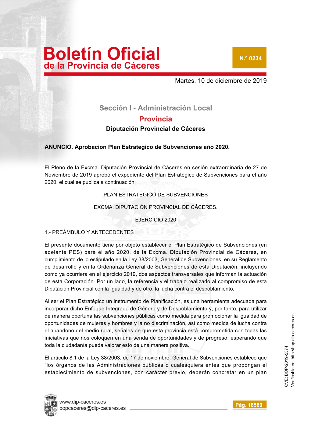 Sección I - Administración Local Provincia Diputación Provincial De Cáceres