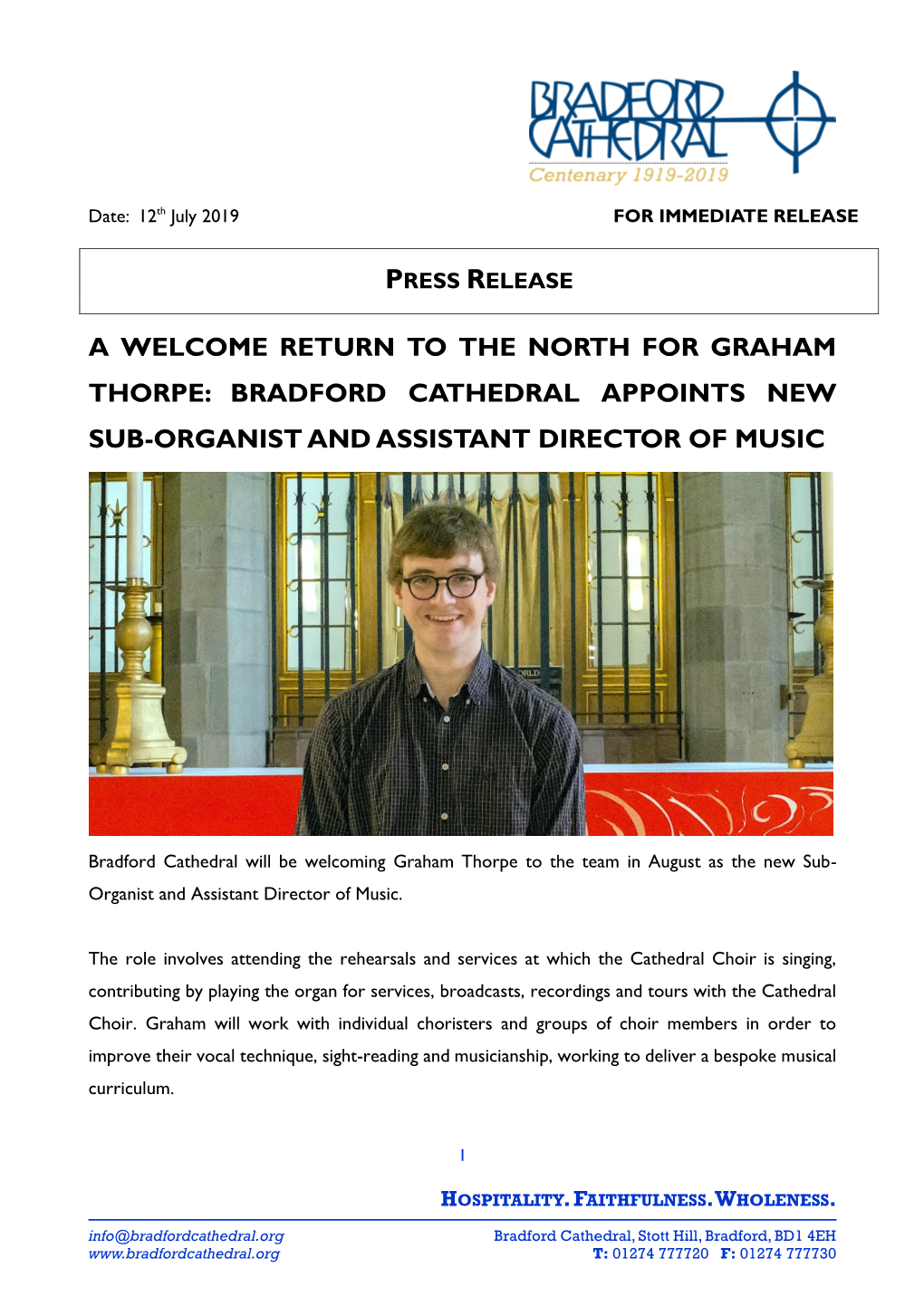 A Welcome Return to the North for Graham Thorpe: Bradford Cathedral Appoints New Sub-Organist and Assistant Director of Music