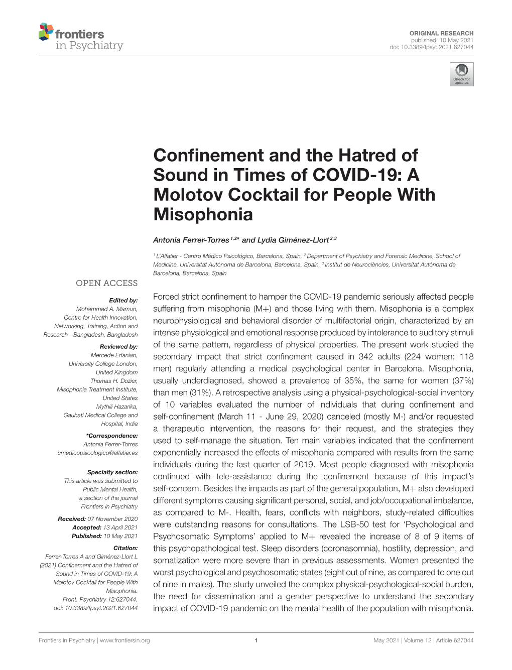 Confinement and the Hatred of Sound in Times of COVID-19: a Molotov