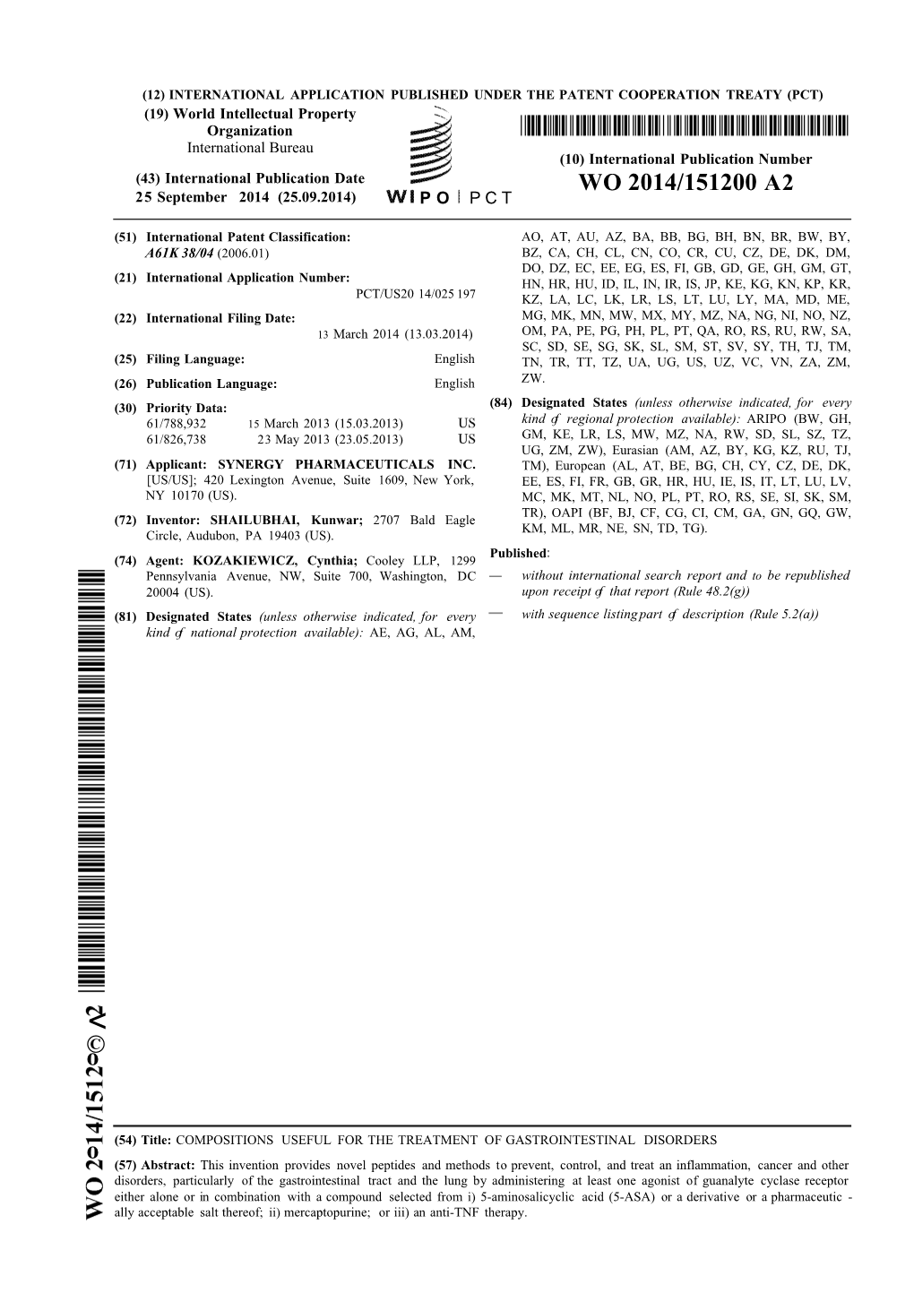 WO 2014/151200 A2 25 September 2014 (25.09.2014) P O P C T