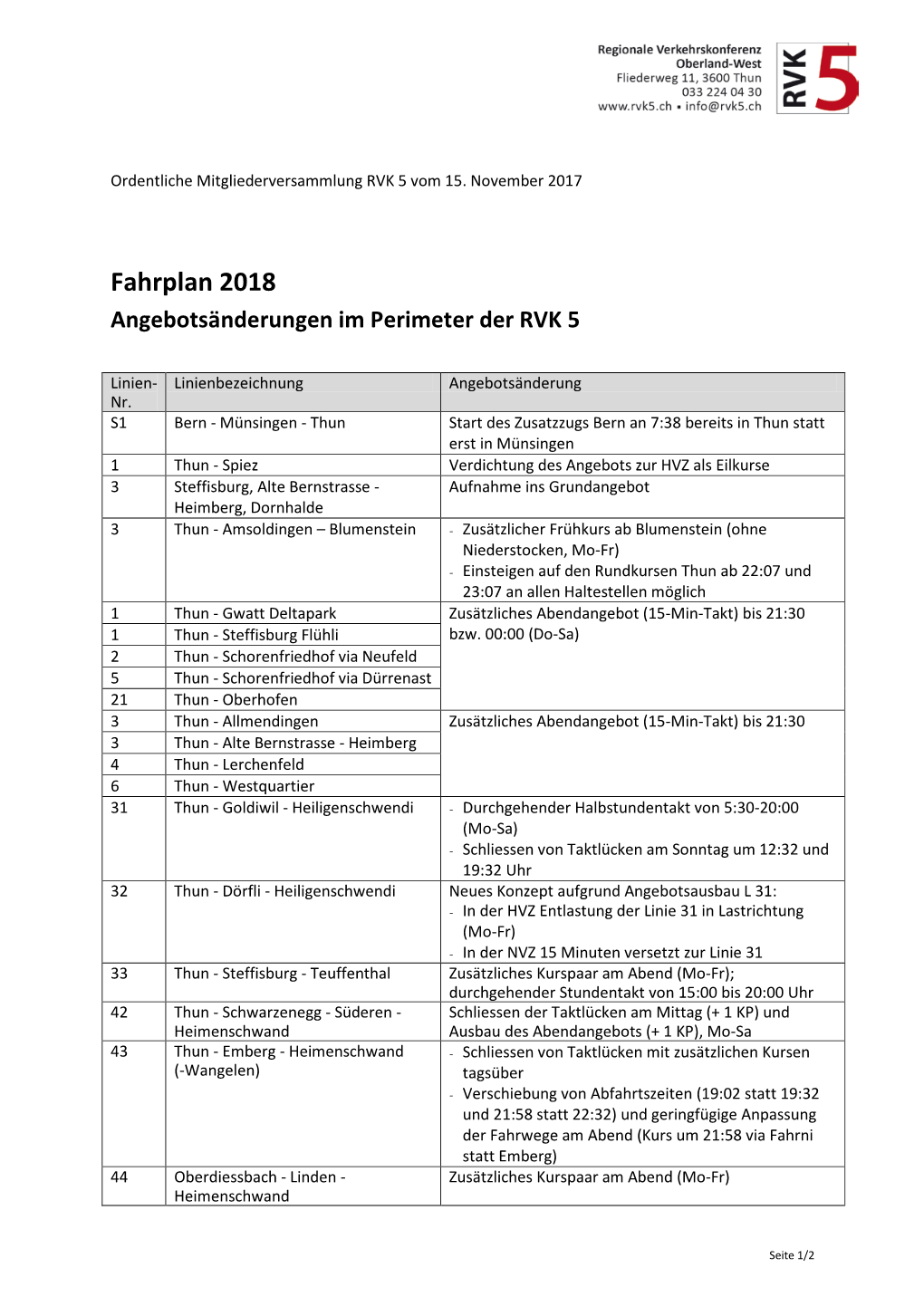 Fahrplan 2018 Angebotsänderungen Im Perimeter Der RVK 5