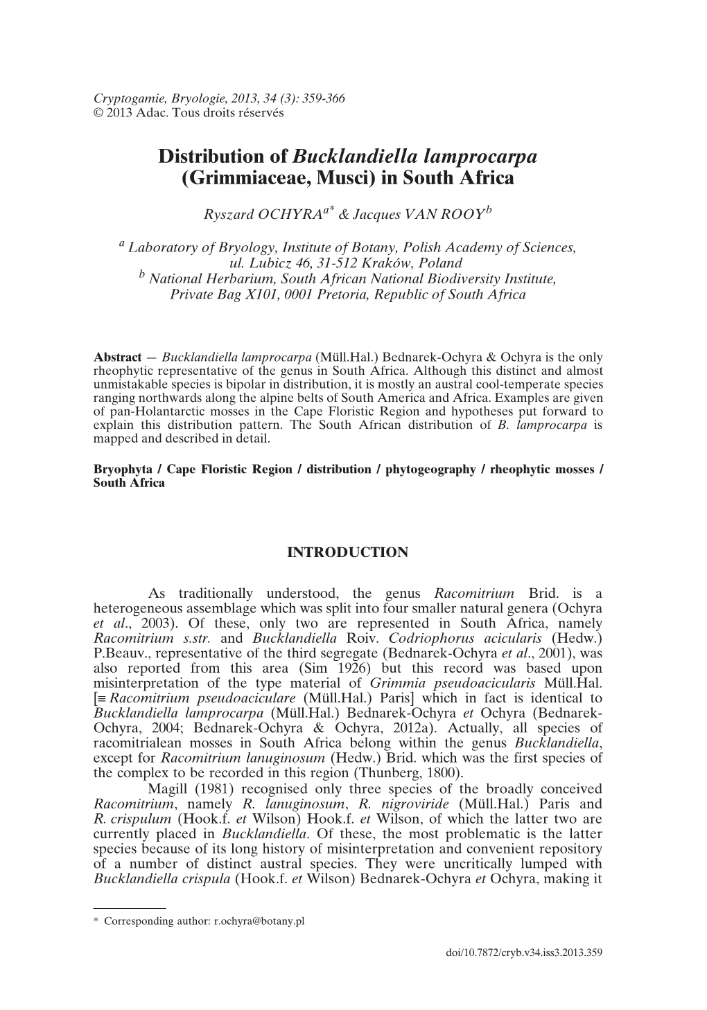 Distribution of Bucklandiella Lamprocarpa (Grimmiaceae, Musci) in South Africa