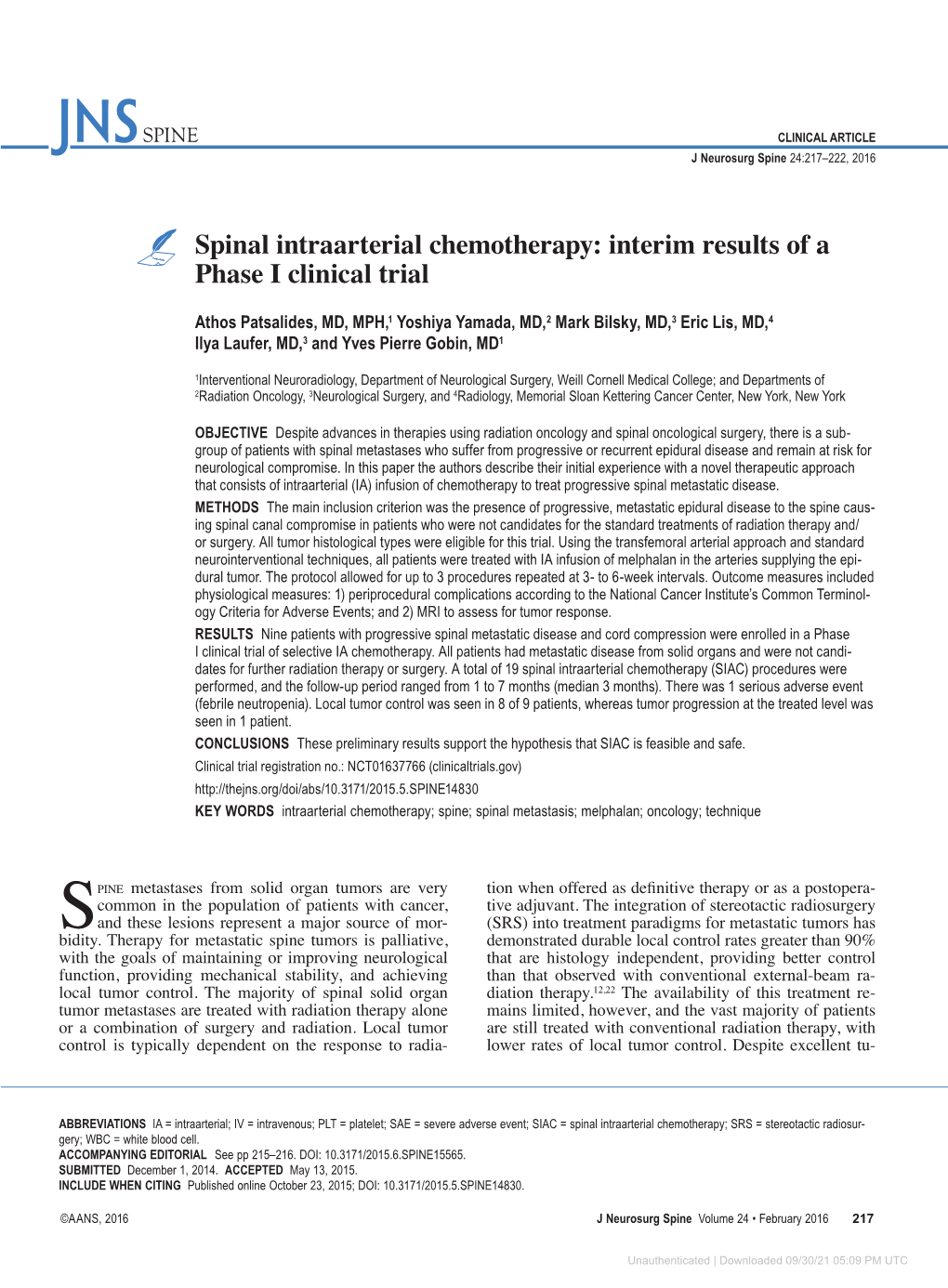 Spinal Intraarterial Chemotherapy: Interim Results of a Phase I Clinical Trial