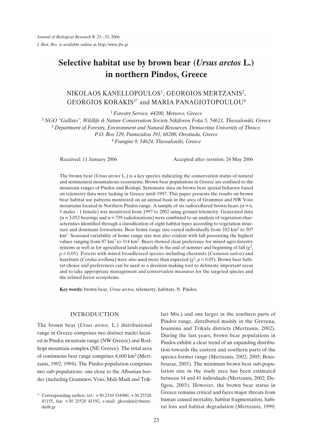 Selective Habitat Use by Brown Bear (Ursus Arctos L.) in Northern Pindos, Greece