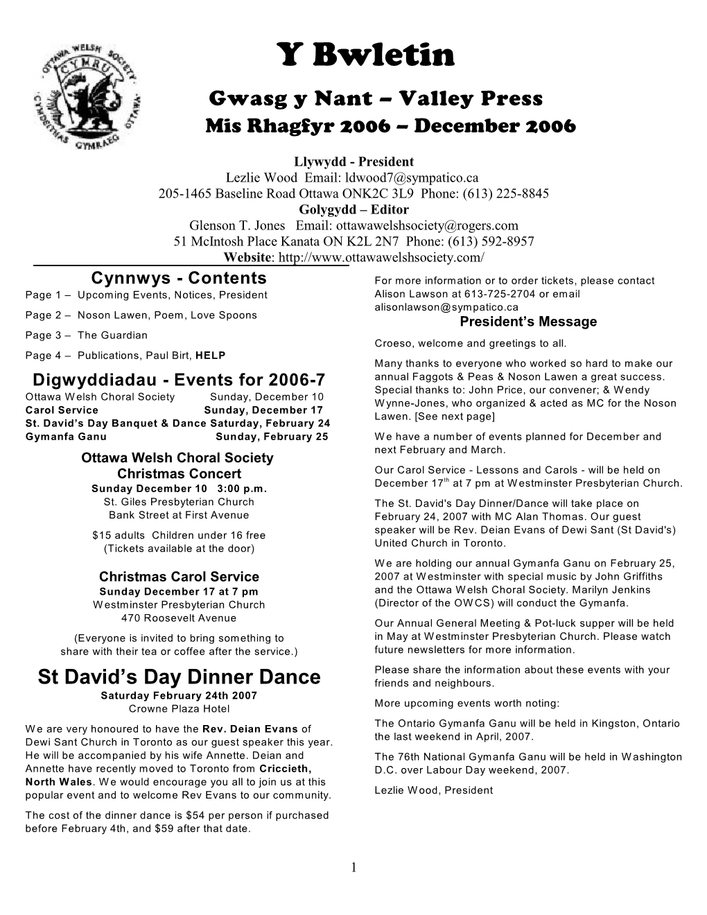 Y Bwletin Gwasg Y Nant – Valley Press Mis Rhagfyr 2006 – December 2006