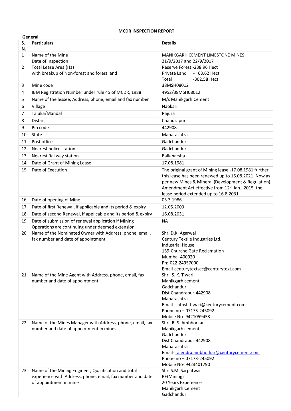 MCDR INSPECTION REPORT General S. N. Particulars Details 1