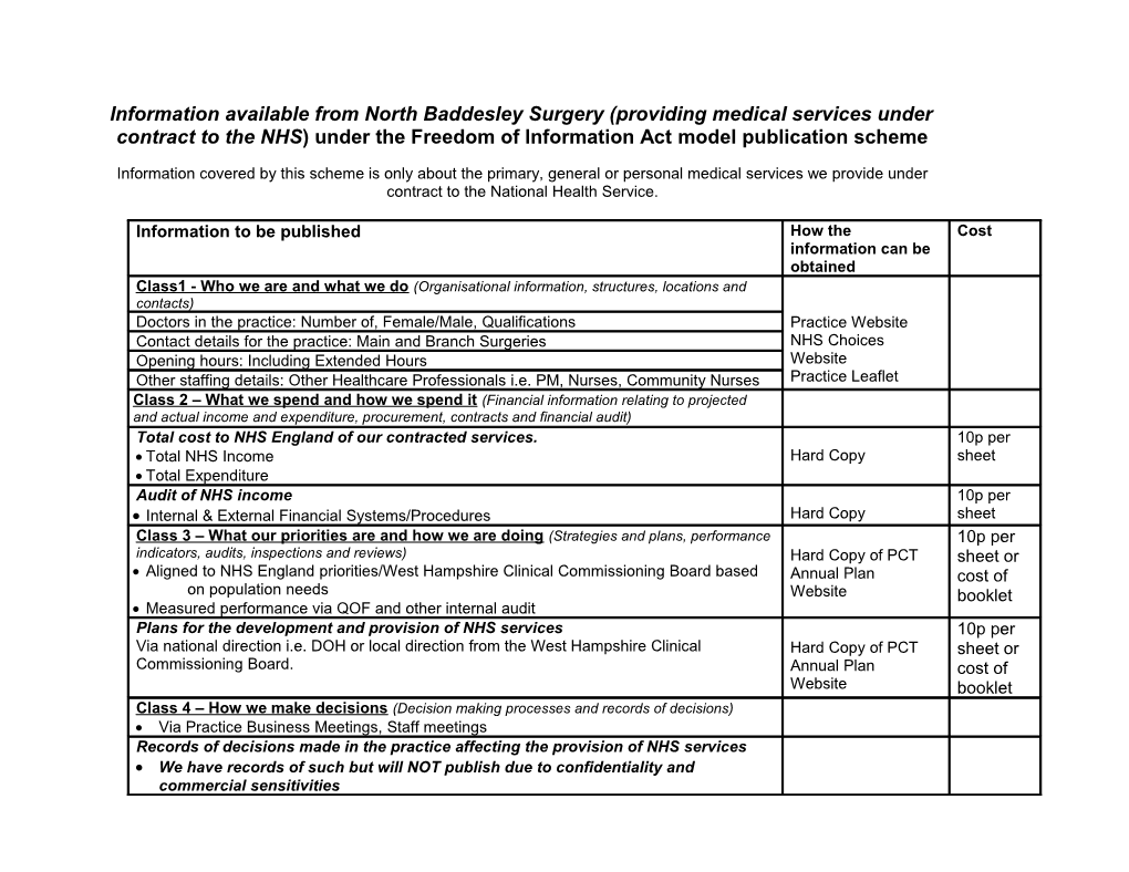 Information Available from Practice Providing Medical Services Under Contract to the NHS)