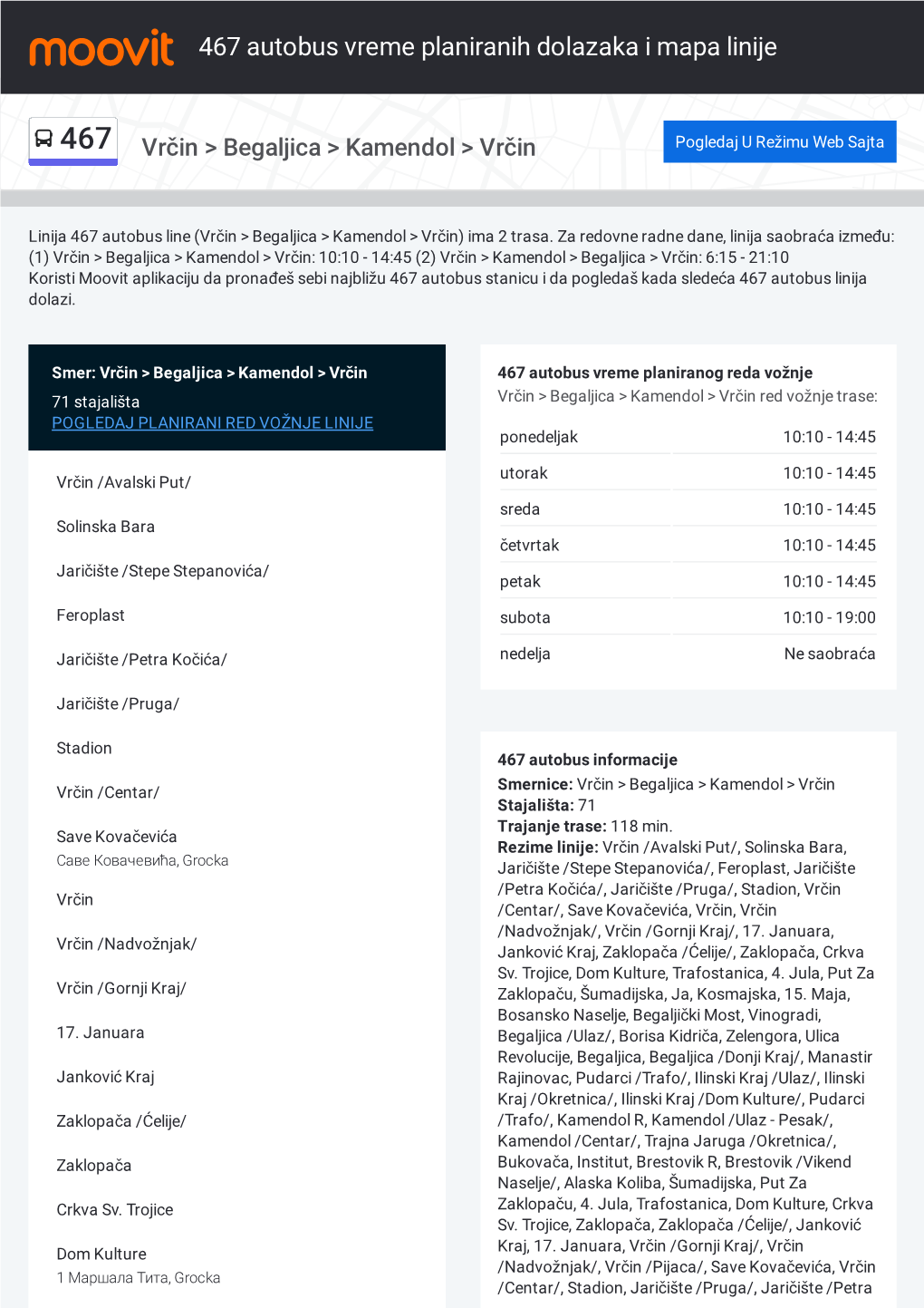 467 Autobus Vreme Planiranih Dolazaka, I Mapa Trasa Linije