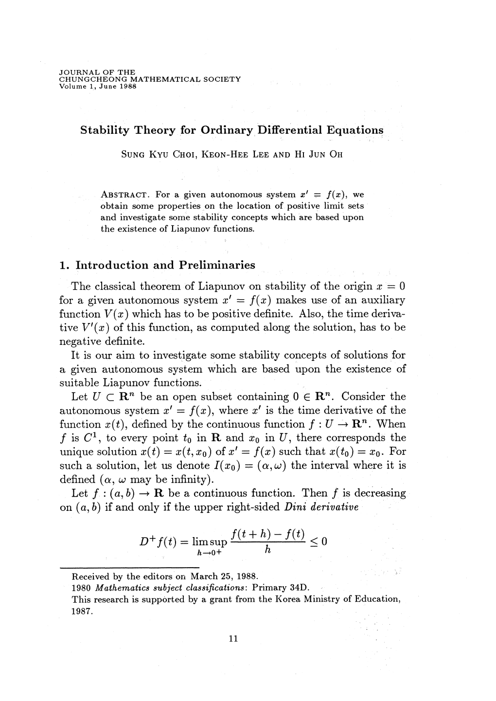 Stability Theory for Ordinary Differential Equations 1. Introduction and Preliminaries