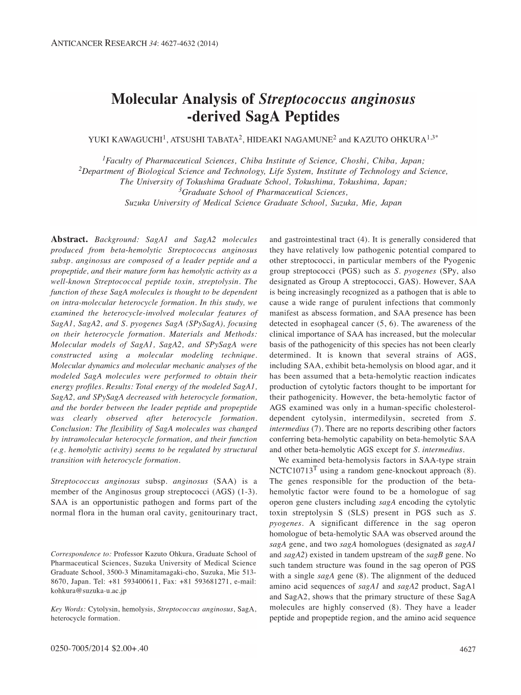 Molecular Analysis of Streptococcus Anginosus -Derived Saga Peptides