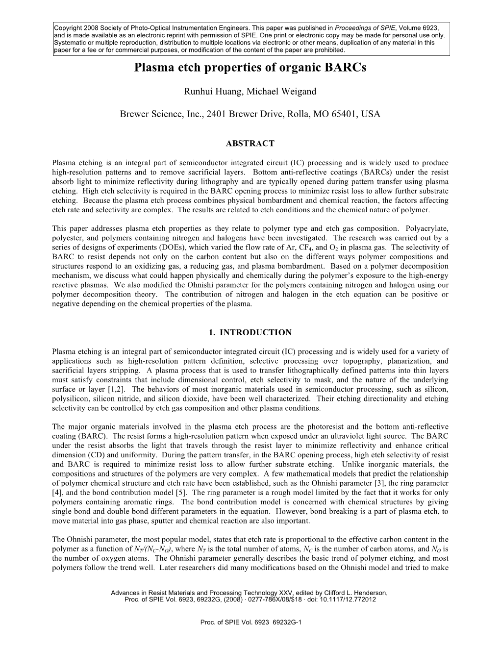 Plasma Etch Properties of Organic Barcs [6923-98]