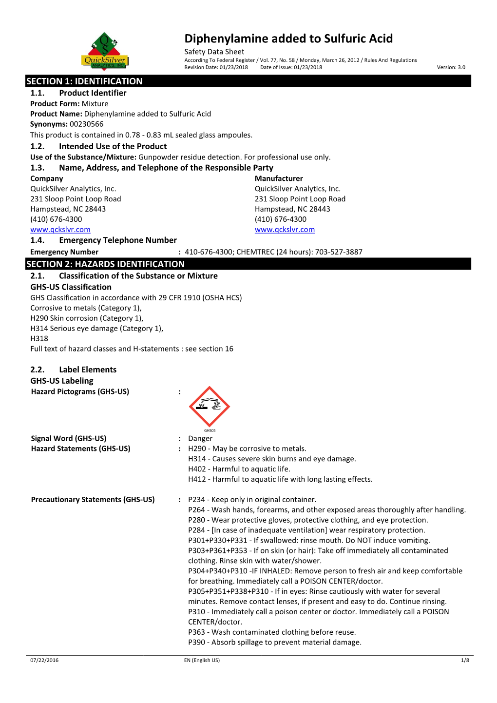 Diphenylamine Added to Sulfuric Acid Safety Data Sheet According to Federal Register / Vol