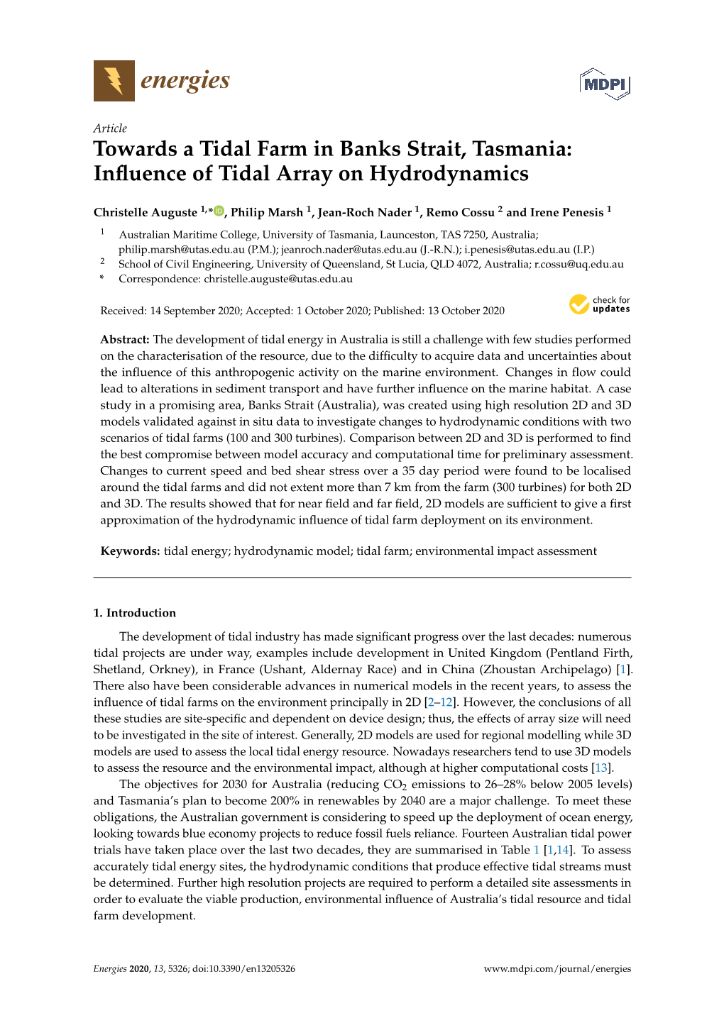 Towards a Tidal Farm in Banks Strait, Tasmania: Inﬂuence of Tidal Array on Hydrodynamics