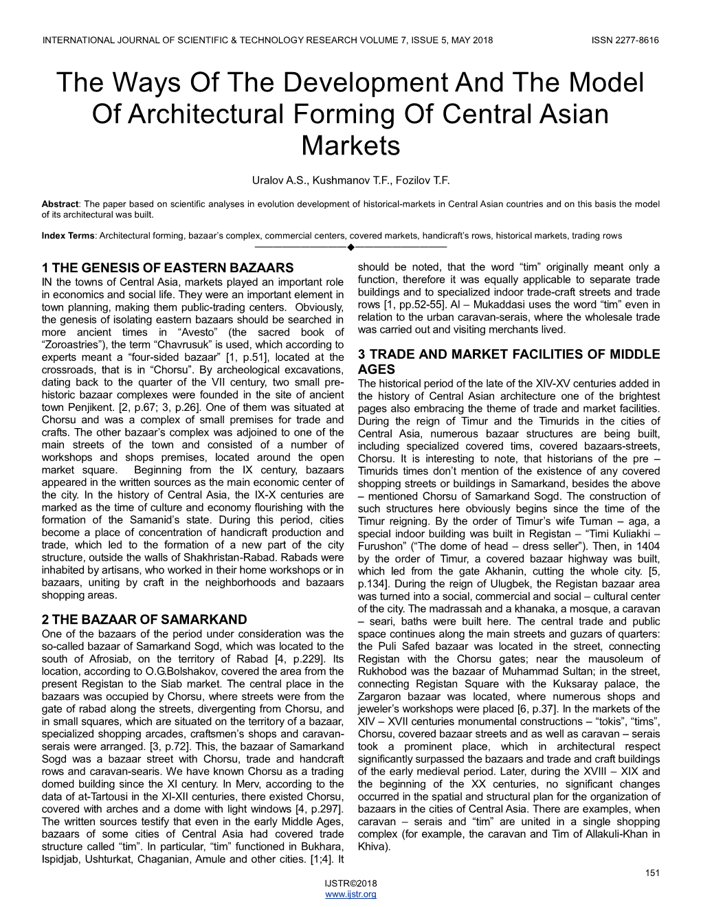 The Ways of the Development and the Model of Architectural Forming of Central Asian Markets