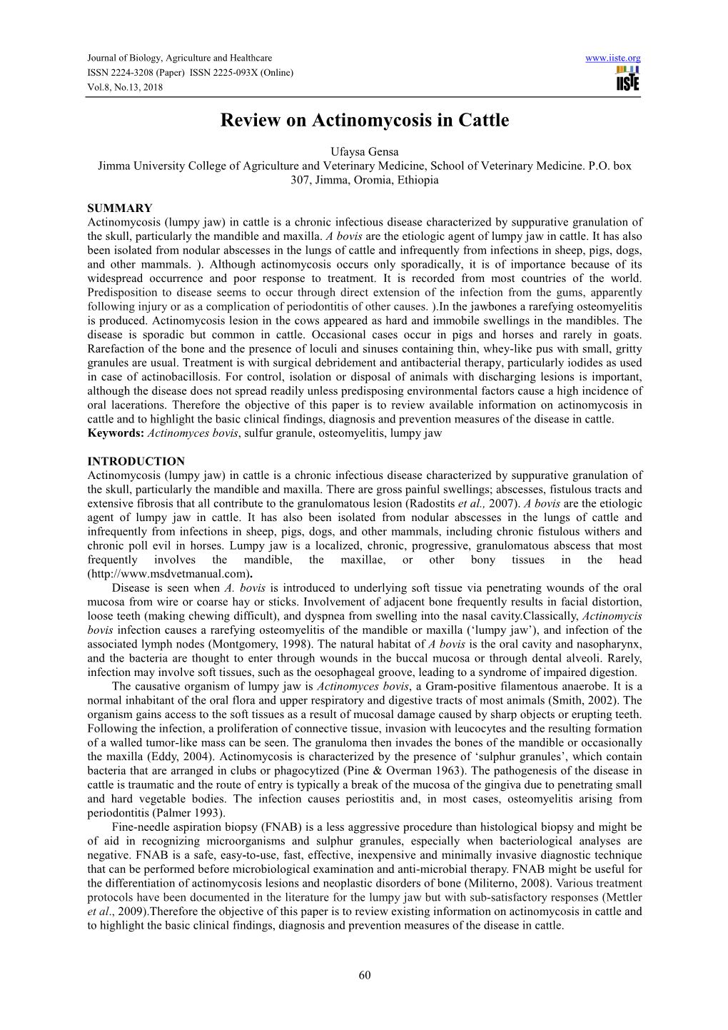 Review on Actinomycosis in Cattle