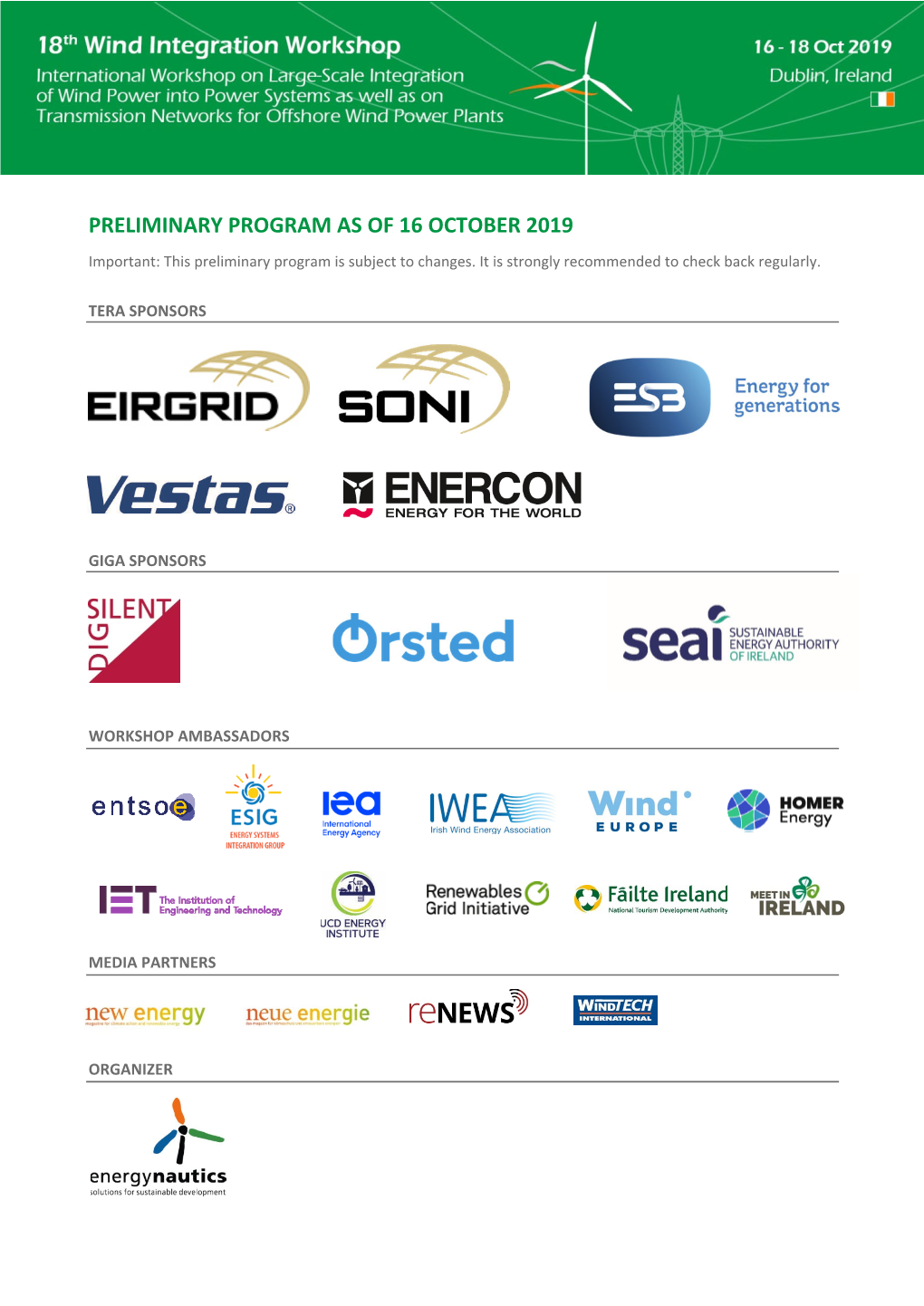 PRELIMINARY PROGRAM AS of 16 OCTOBER 2019 Important: This Preliminary Program Is Subject to Changes