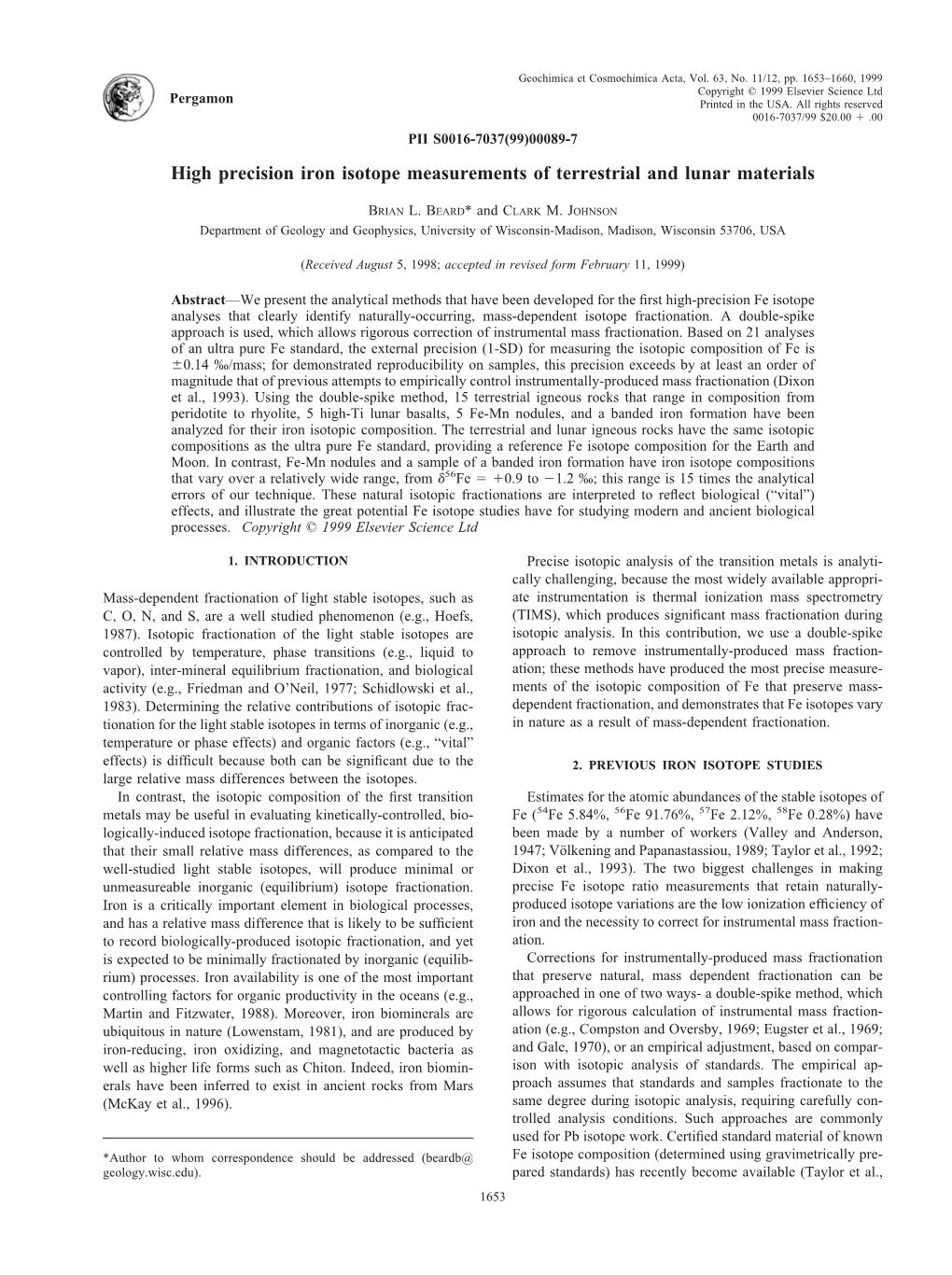 High Precision Iron Isotope Measurements of Terrestrial and Lunar Materials