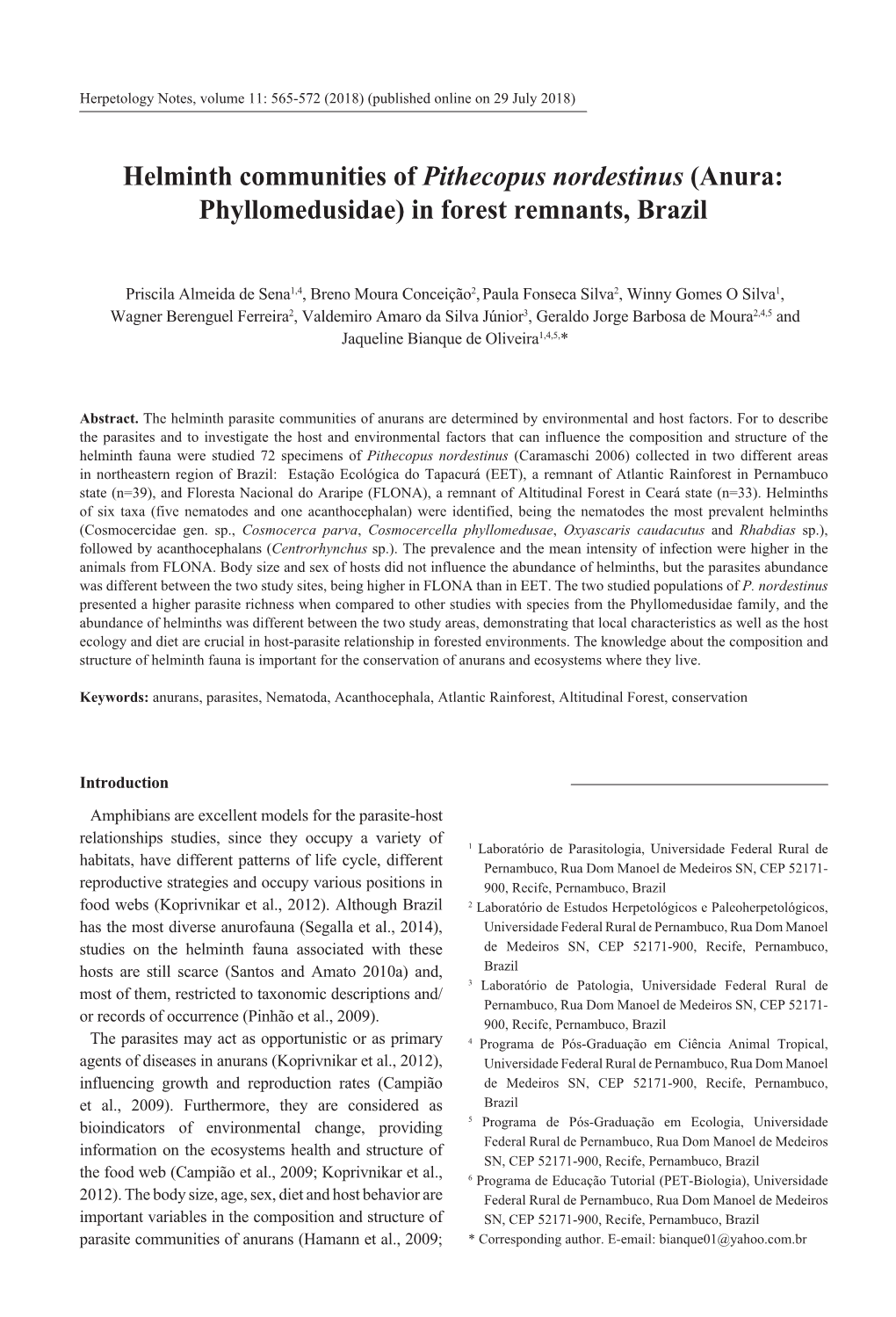 Helminth Communities of Pithecopus Nordestinus (Anura: Phyllomedusidae) in Forest Remnants, Brazil