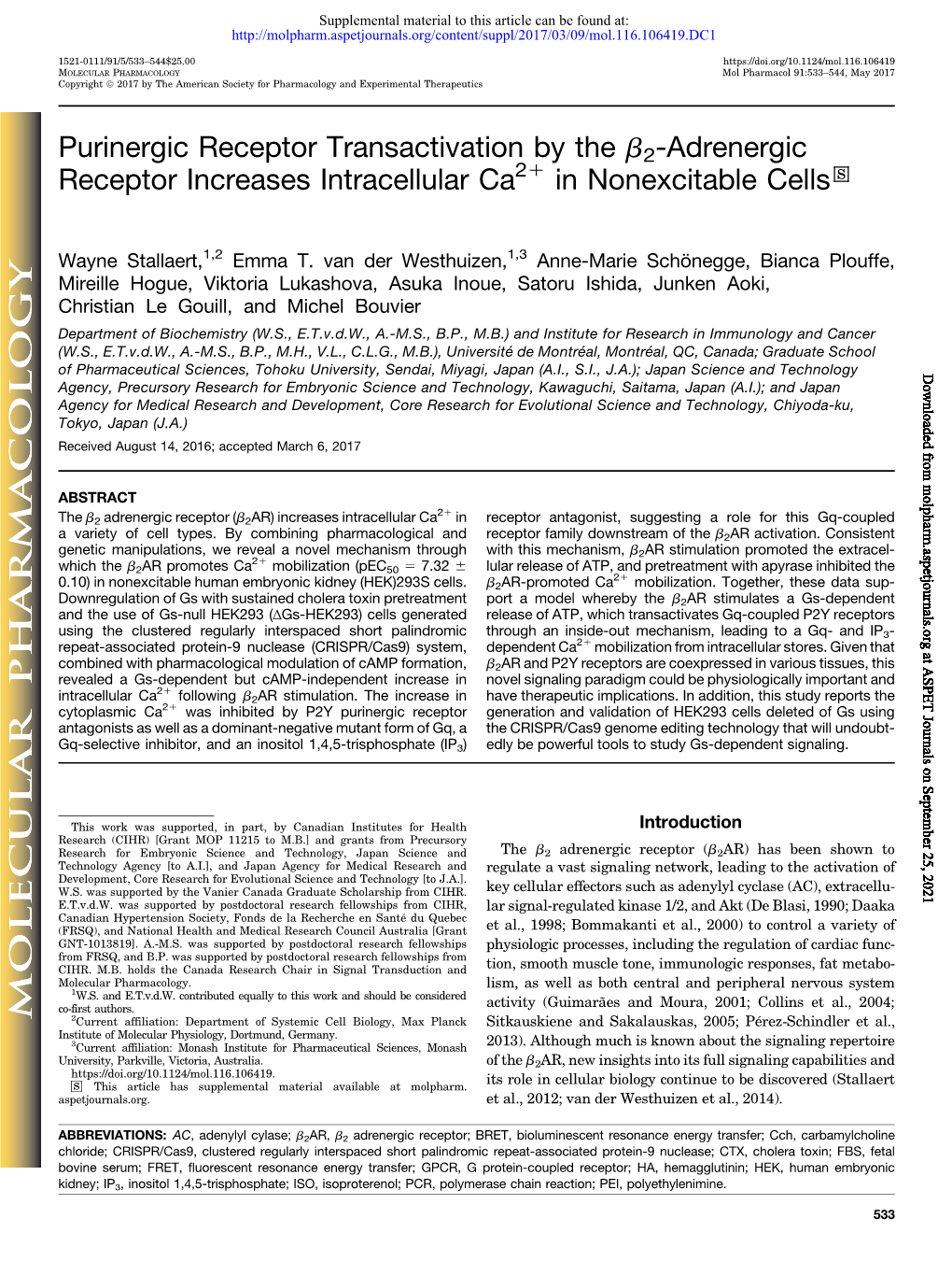 Purinergic Receptor Transactivation by the Β2-Adrenergic Receptor Increases Intracellular Ca2+ in Non-Excitable Cells